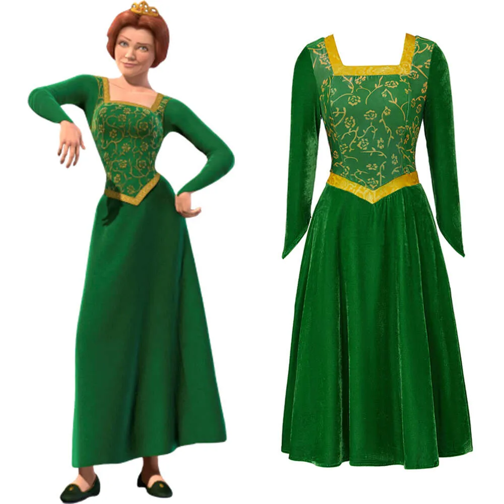 Prinzessin Fiona Cosplay Kostüm Kleid Outfit Frauen Cartoon Grün Quadrat Kragen Veet Langes Kleid für Damen Halloween Rollenspiele