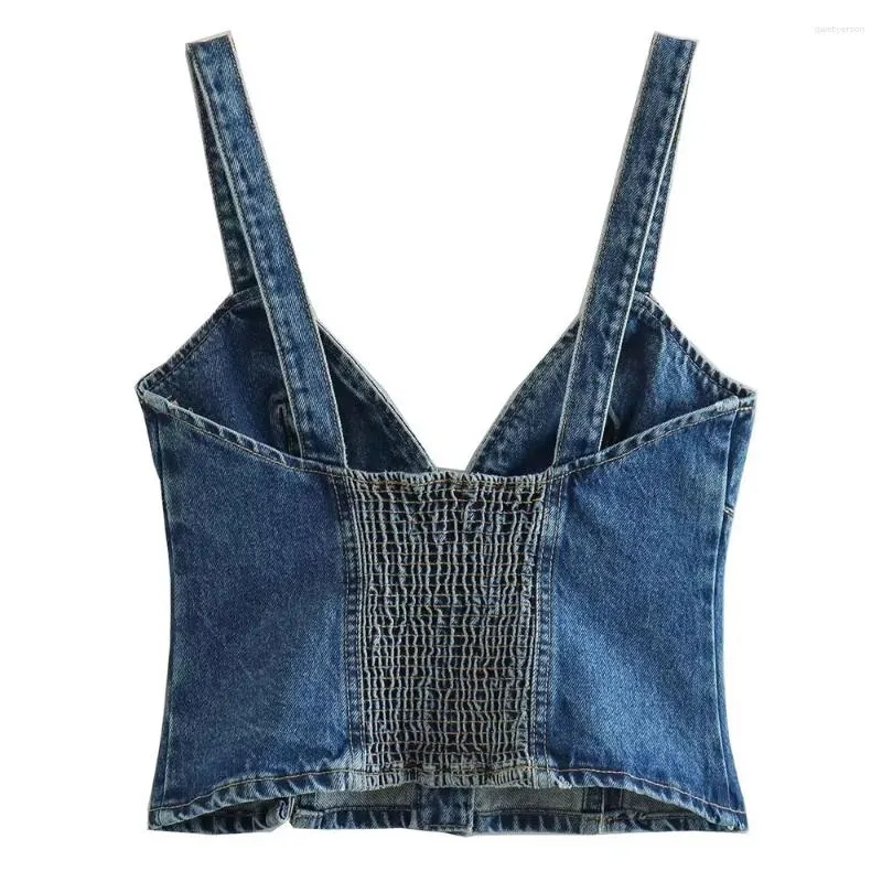 Débardeurs pour femmes 2023 Mode Street Charm Drapé Élastique Denim Gilet Vintage Bouton Sans Manches Sangle Unique Haut