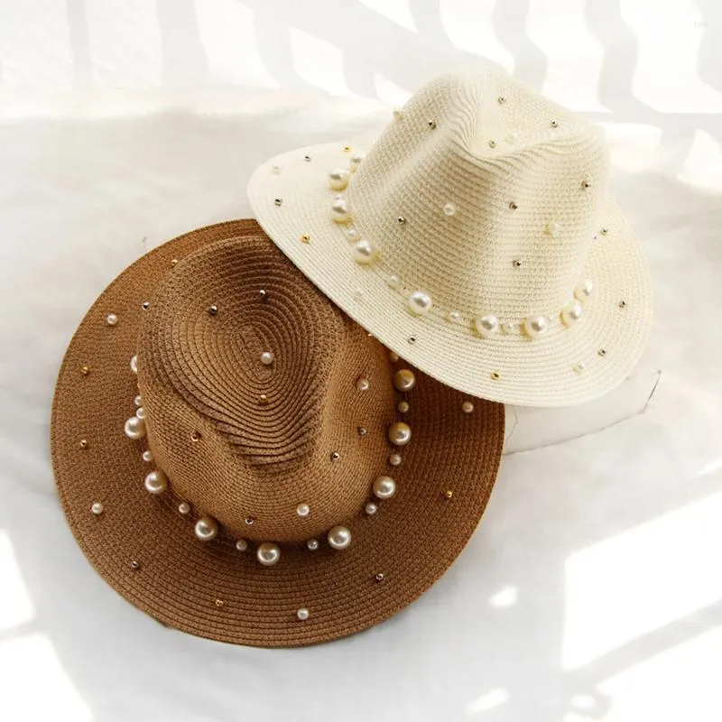 Berets British Flat Brimmed Straw Hat Pearl Studded Top Women's Sun Shading Protection Jazz Outdoor Beach Summer