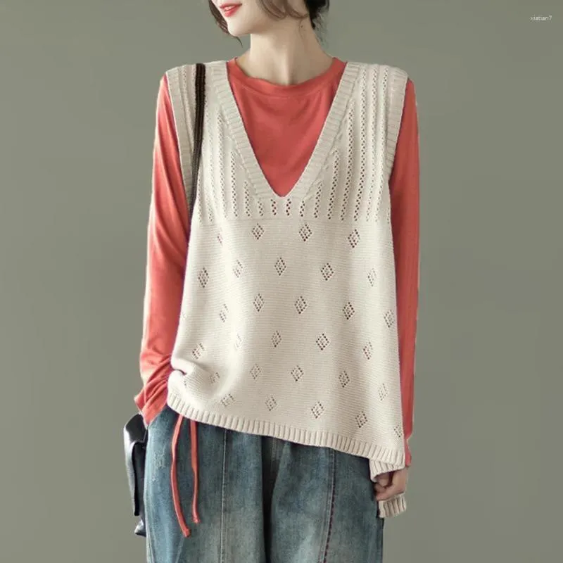 Women's Sweaters Casual Hollow Out Knit Sweater Vest V-Neck Loose Vintage Sleeveless Pullover Tops Female Outerwear 2023