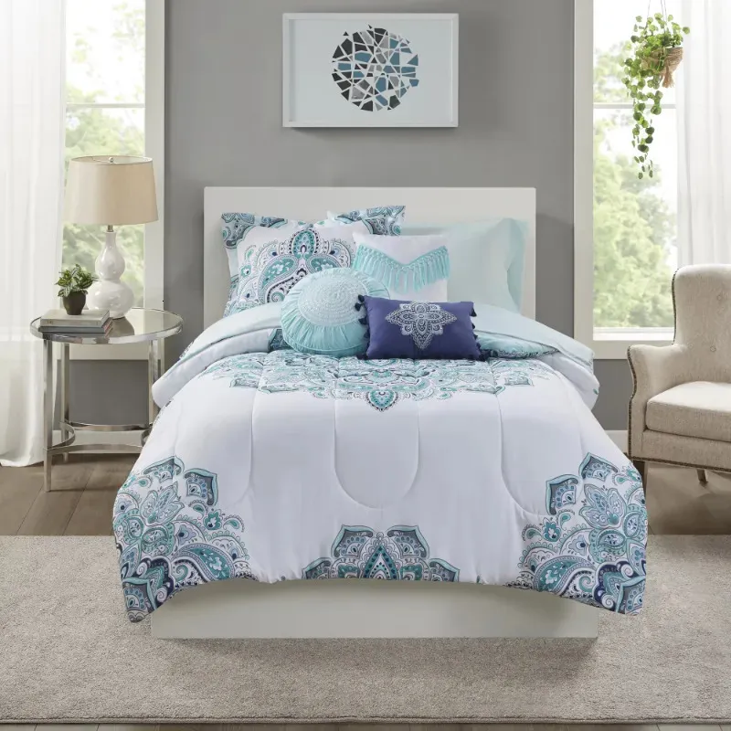 Conjuntos de cama Mainstays Teal Medallion 10 peças cama em um saco conjunto de edredom com lençóis 231017