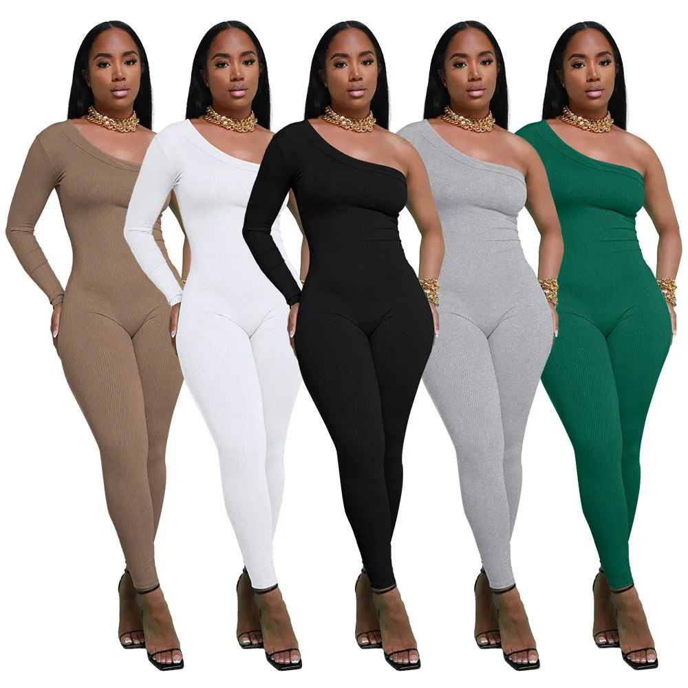 Designer One Schouder Jumpsuits Dames One Sleeve Hellende Rompertjes Effen Sexy Bodycon Jumpsuits One Piece Overalls Bulk Groothandel Kleding 10219