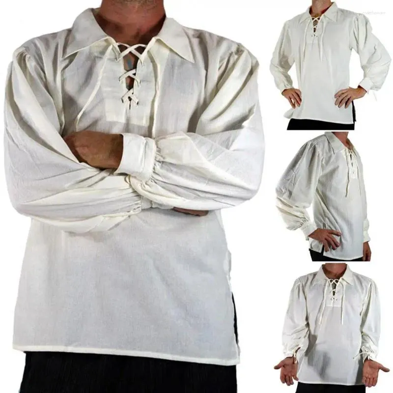Chemises décontractées pour hommes Revers Cuff Strap Design Hommes Chemise Médiévale Renaissance Cosplay À Lacets À Manches Longues Coupe Lâche Pour Adulte Historique