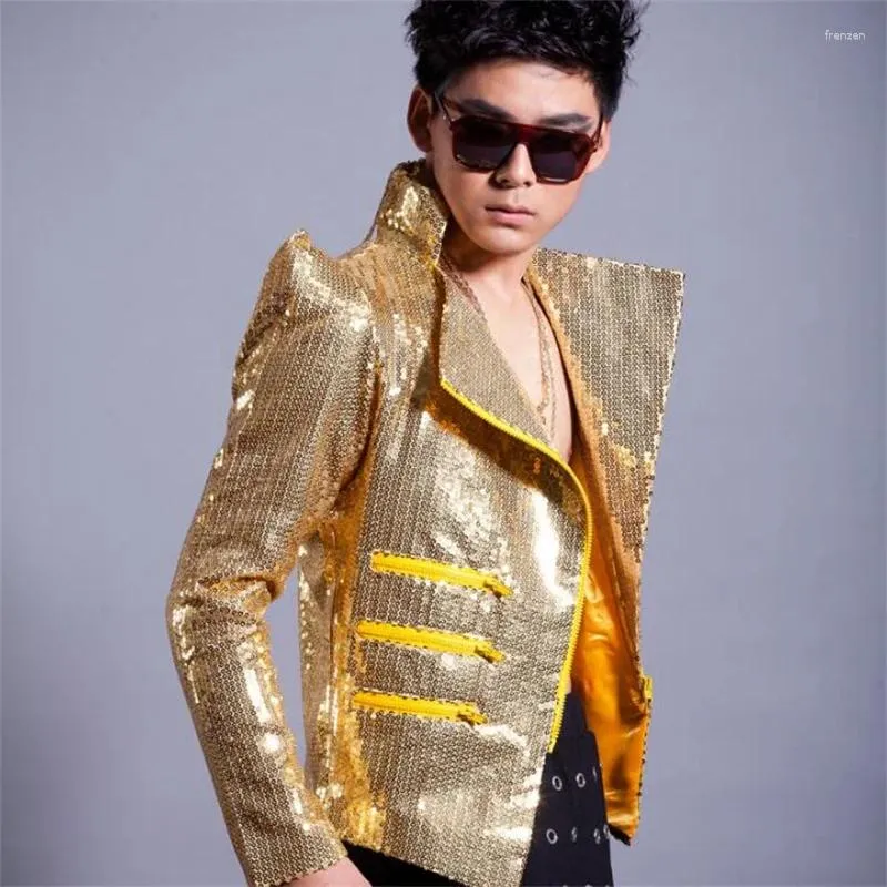 Ternos masculinos homens projetos finos homme terno trajes de palco para cantores ouro lantejoulas blazer roupas de dança jaqueta estilo estrela vestido punk