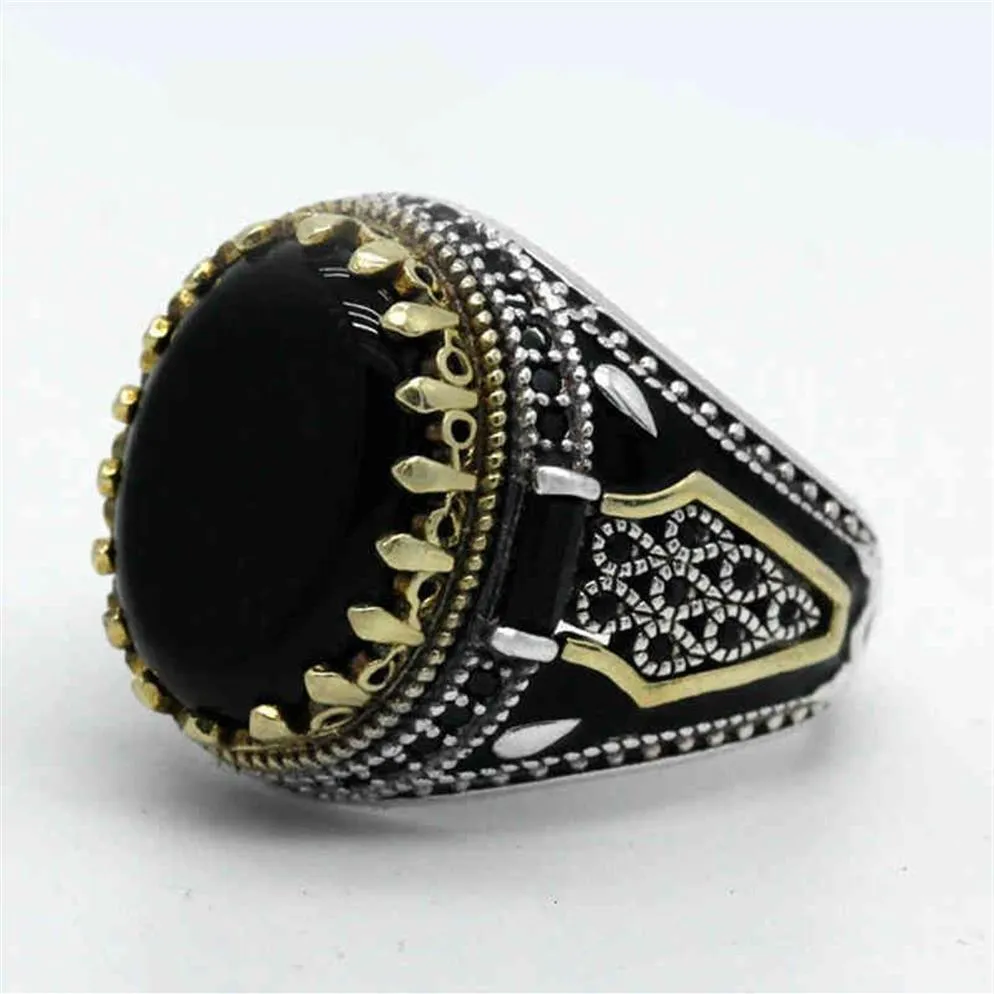 Natural Black Agate Stone for Men 925 Sterling Silver Golden Crown King Male Ring Vintage Turkish Handgjorda smycken Gift273s