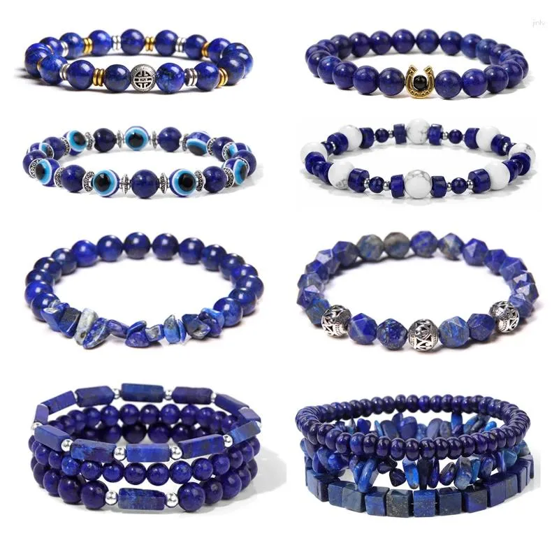 Strand pedra natural lápis-lazúli contas pulseiras irregular artesanal azul pingente elástico para homens mulheres jóias de energia