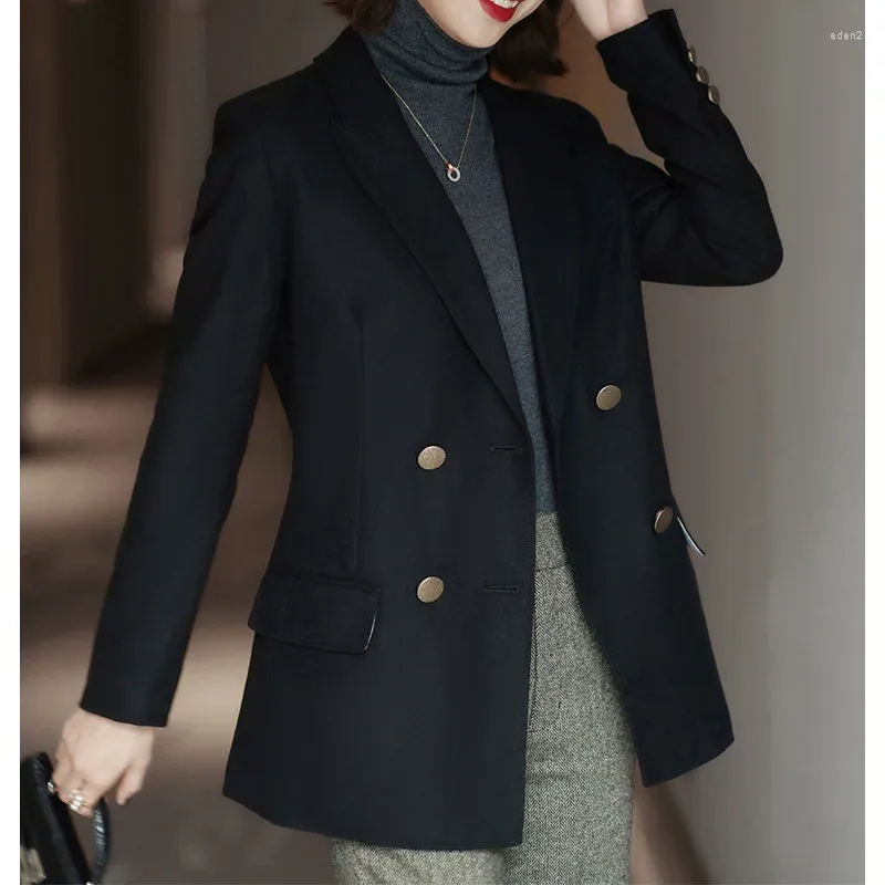 Women's Jackets Temperament Commuting J-Showcasing Style Double Breasted Wool Coat Black Business Suit