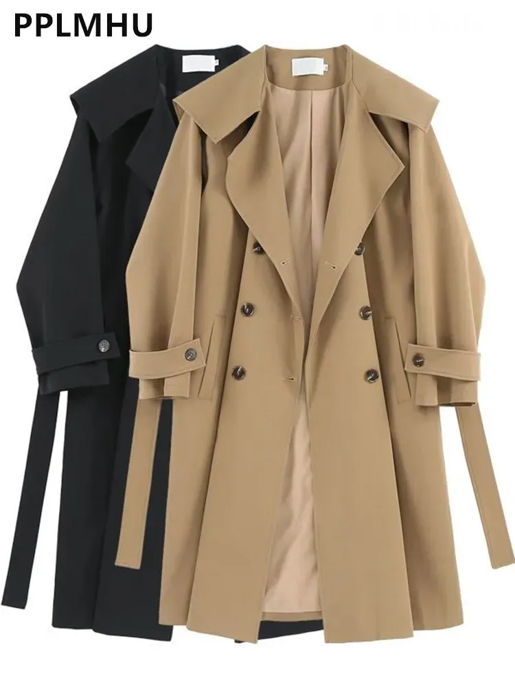 Kurtki damskie Khaki/Black Spring Fall Fall Long Trench Kurtki Koreańskie swobodne piersi gabardina płaszcze kobiety luźne wiatrówki Abrigos 231017