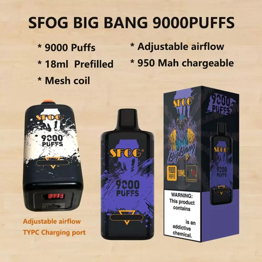 Ny SFOG Big Bang engångsspolor 9000puffs 18 ml Förfyllda ECIGS Box Mod uppladdningsbara e-cigaretter 12 färger ångor penna