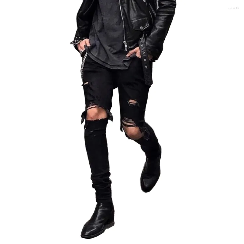 Jeans masculinos preto cor rasgado angustiado destruído skinny high street homens jenas