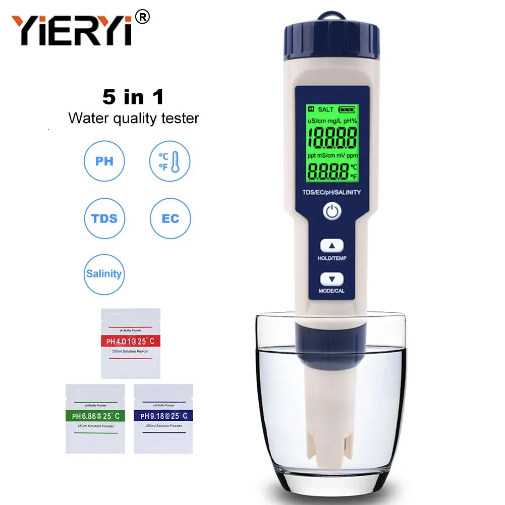 PH -mätare Yieryi 5 I 1 TDS EC pH Salthalt Temperaturmätare Digital vattenkvalitet Monitor Tester för spa -pooler Akvarier 231017