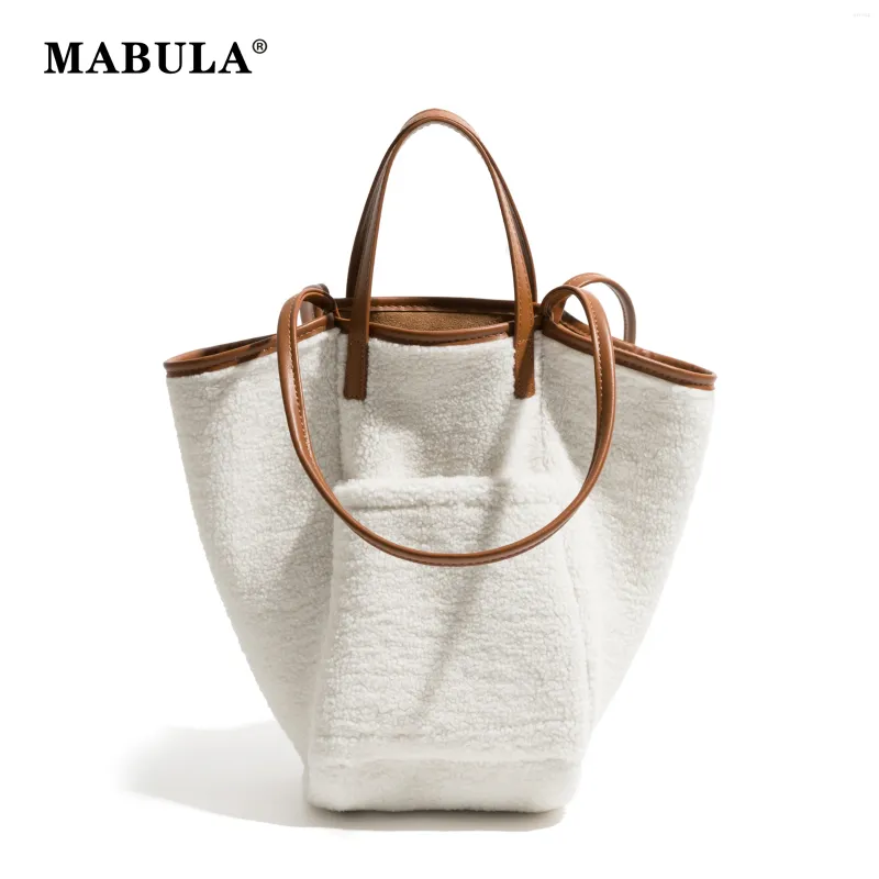 White Faux Fur Bucket Top Handle Bag Simple Stylish Suede Hobo Shoulder Shopper Purse Winter Fashion Tote Handbag