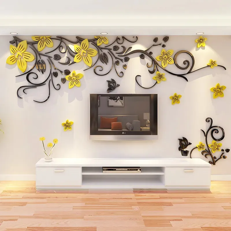 Muurstickers 3D Sticker Romantische Bloem Woonkamer Decals TV Achtergrond Decoratie Maison Modern Art 231017