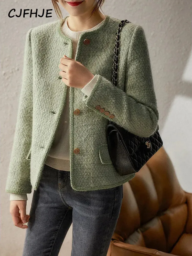 Kvinnors ull blandar cjfhje klassisk armé green all-match rutan tweed jackor kvinnor chicly ull elegant lady coat mode high street blazers kvinnlig 231017