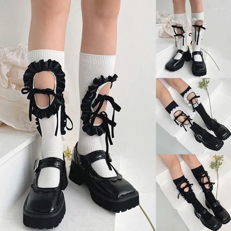 Calzini da donna Ragazze giapponesi a coste al polpaccio Harajuku Scava fuori il foro Increspato Patchwork Lace-Up Bowknot Studente Cotone Mid 37JB