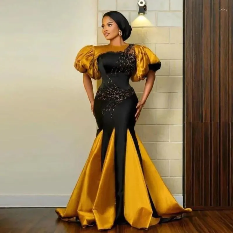 Party Dresses Gold And Black Aso Ebi Prom Plus Size African Nigerian Formal Dress Mixed Color Beaded Mermaid Evening Gown