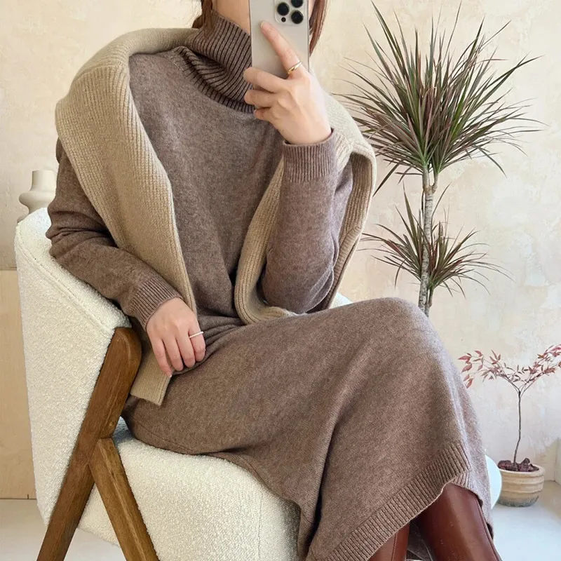 Urban Sexy Dresses Autumn Winter Sweater Dress Women Japanese y2k Turtleneck Long Sleeve Thicken Loose Knitted Long Dresses 231017