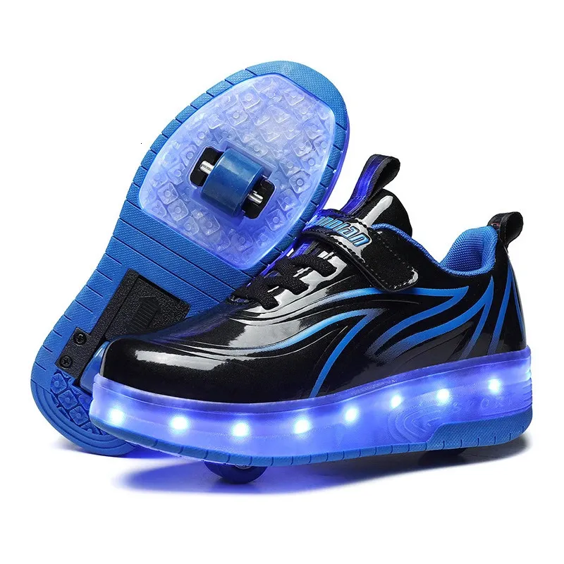 인라인 롤러 스케이트 어린이 빛나는 바퀴 운동화 패션 플래싱 스케이트 신발 소년 여자 USB 충전 LED 야외 거리 크기 2842 231016