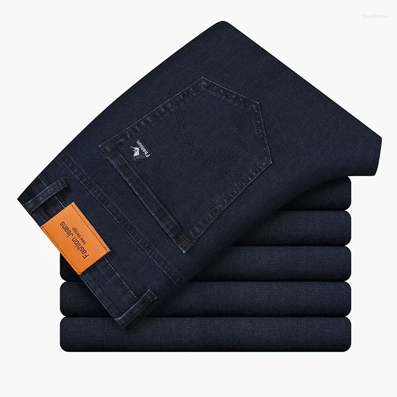 Jeans pour hommes automne hiver épais style classique stretch affaires lâche jambe droite pantalons décontractés denim bleu marine
