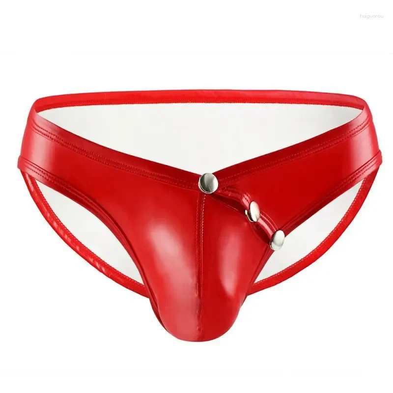 Underpants Sexy Men PU Faux Leather Panties Low Waist U Convex Pouch Underwear Button Open Exotic Gay Lingerie Jockstrap Sissy