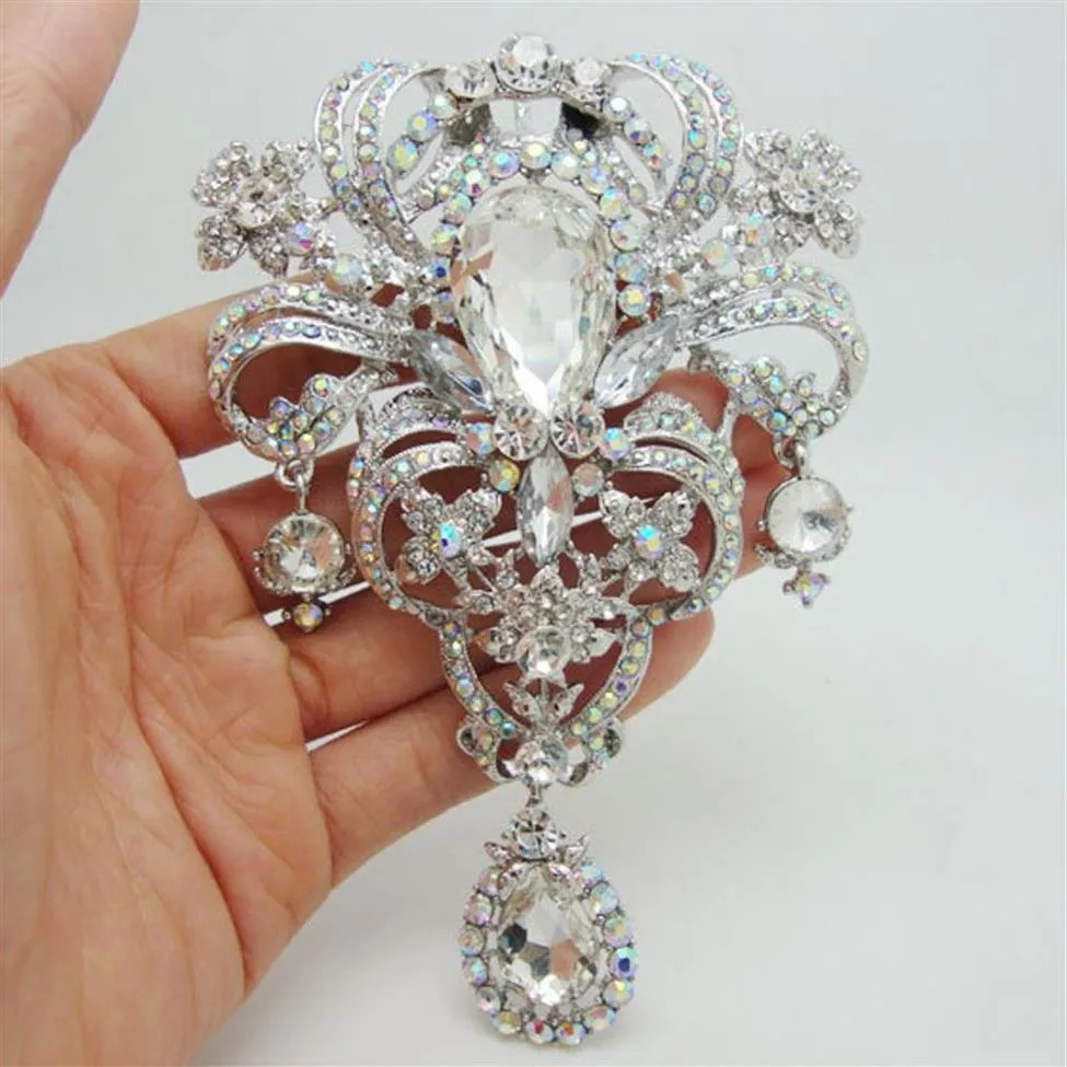 Whole -Luxury Bride Flower Drop Pendant Bride Bridesmaid Wedding Brooch Pin Clear Ab Rhinestone Crystal299V