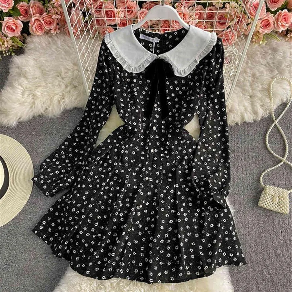 Wysokiej jakości wiosenny kwiatowy nadruk długi rękaw Boho mini sukienka Kobiety śliczne słodkie koreańskie szlafraty A-Line wakacje czarne vestidos2237
