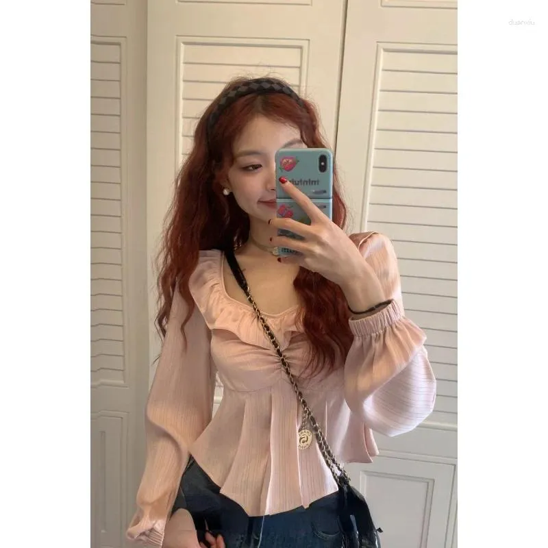 Women's T Shirts Elegant Female Casual Women Solid Color Cotton Long Sleeve Oversized Shirt Ladies Office Pleated Blouses Loose Tops G18