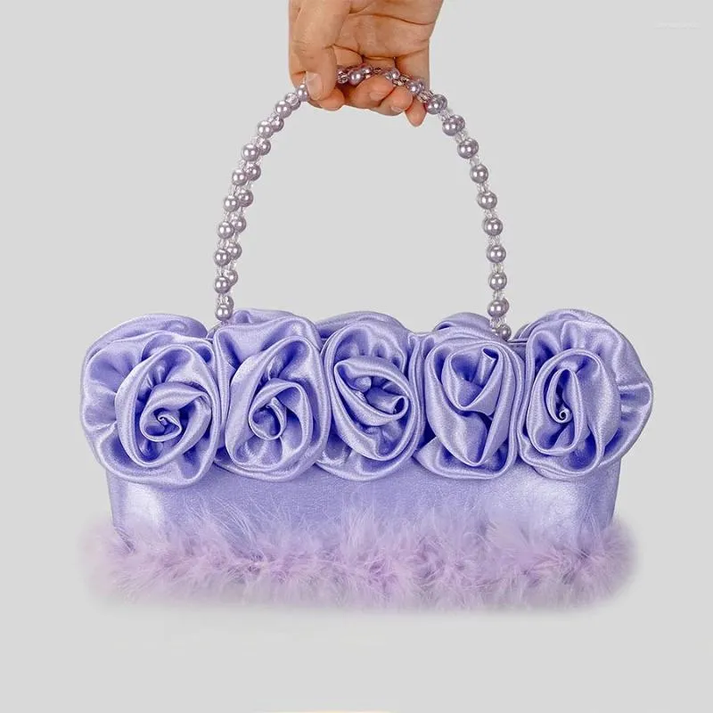 Sacs de soirée élégant fleur de soie sac à main pour femme avec poignée de perle sac fourre-tout automne hiver peluche fête de mariage pochettes de luxe