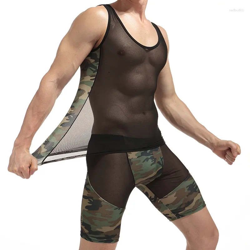 Men's Sleepwear Mens Camouflage Printed Tank Shorts Set Bodybuilding Vest Male Sleeveless Fitness Muscle Tops Pajama Sets