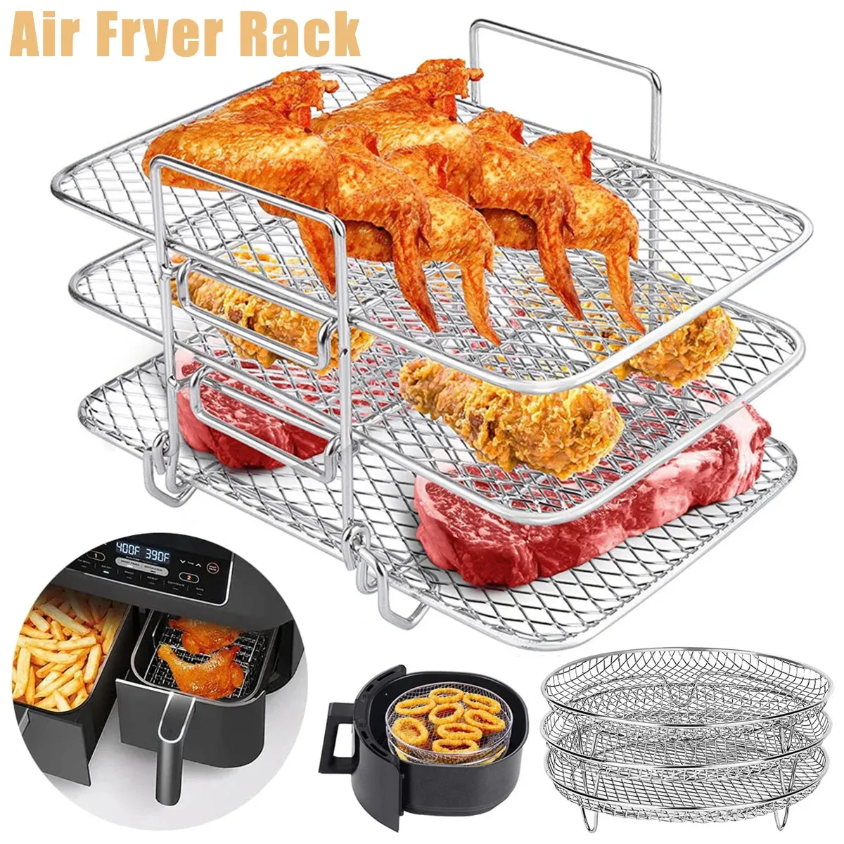 Accessoires d'outils de barbecue Airfryer Grille de rôtissage Remplacement de la friteuse à air Cuiseur vapeur en acier inoxydable Trois supports empilables Gadgets de cuisine 231017