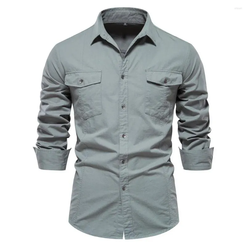 Camicie Casual da uomo camicia da taschino in cotone per uomo tinta unita Slim manica lunga stile coreano 2023 top militare autunnale