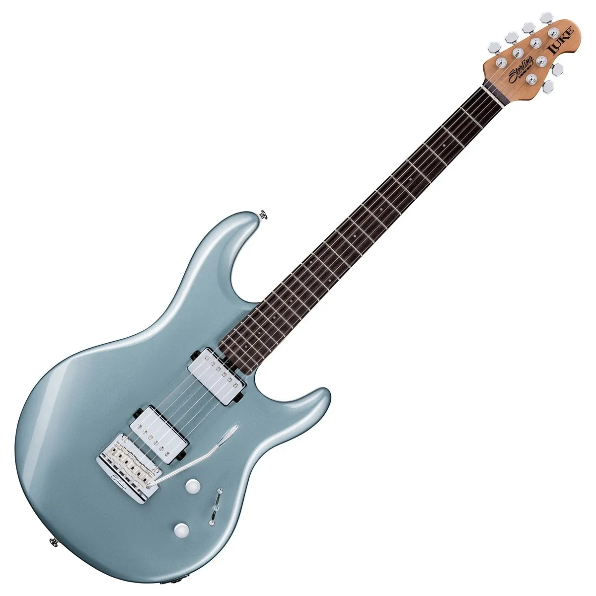 Anpassad Sterling Luke Metallic Grey Double Cutaway Body Electric Guitar China Tremolo Bridge Passiva pickups 9V Batterilåda Chrome Hårdvara