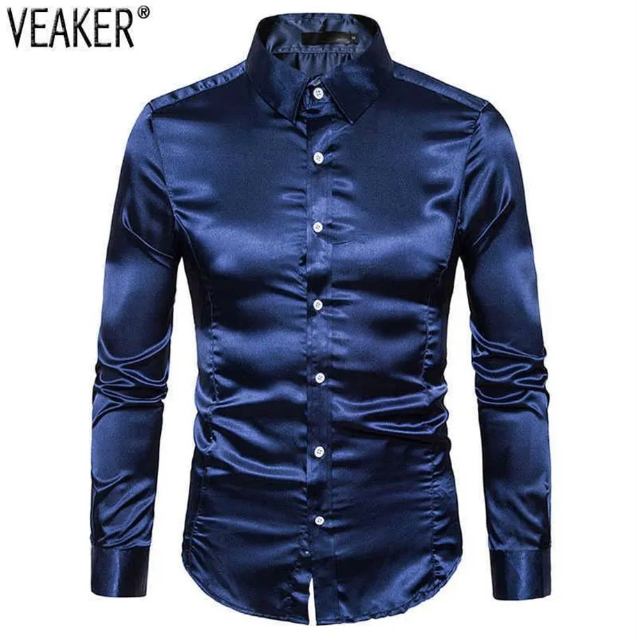 Chemises de soirée en Satin de soie pour hommes, coupe cintrée à manches longues, couleur unie brillante, chemise de mariage en boîte de nuit, 10 couleurs, nouvelle collection 2021, S-2XL X0265E