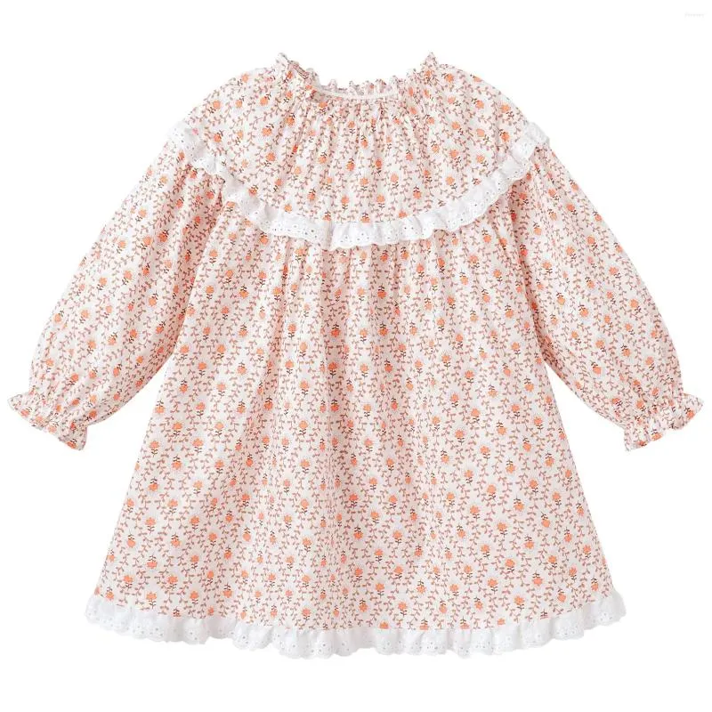 Flickklänningar Pureborn Baby Girls Dress Long Sleeve Cotton Playwear Orange Floral Print