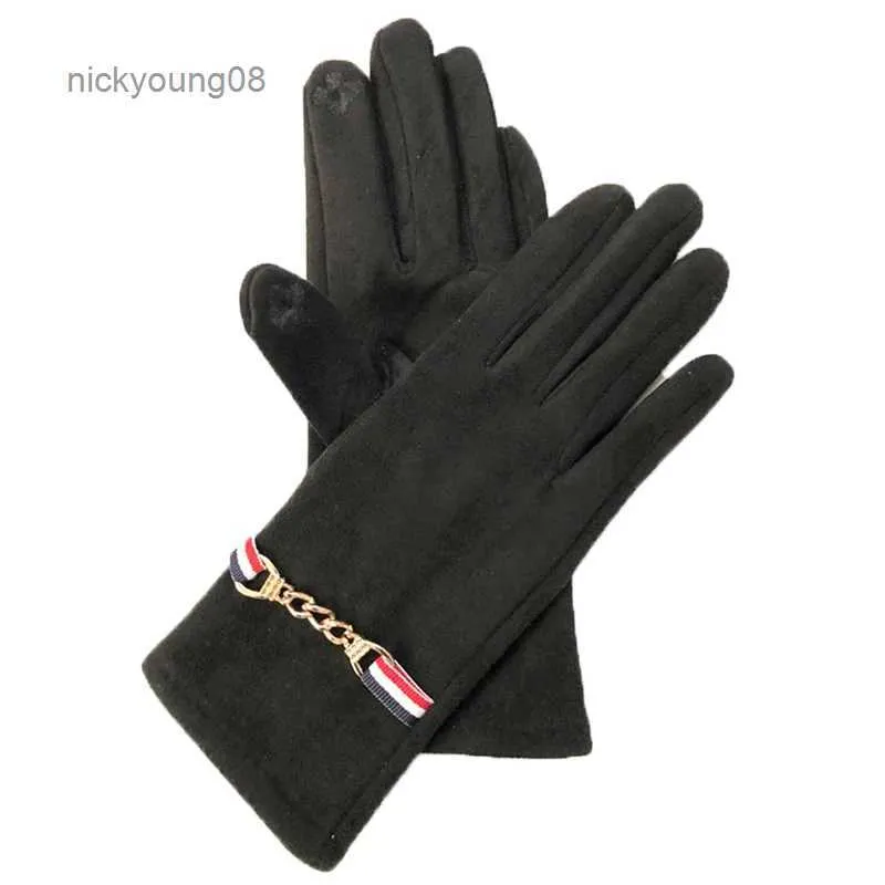 Fingerless Gloves Women Autumn Winter Suede Leather Metal Chain Plush Warm Driving Mitten Female Embroidery Flowers Touch Screen Cycling Glove O18L231017