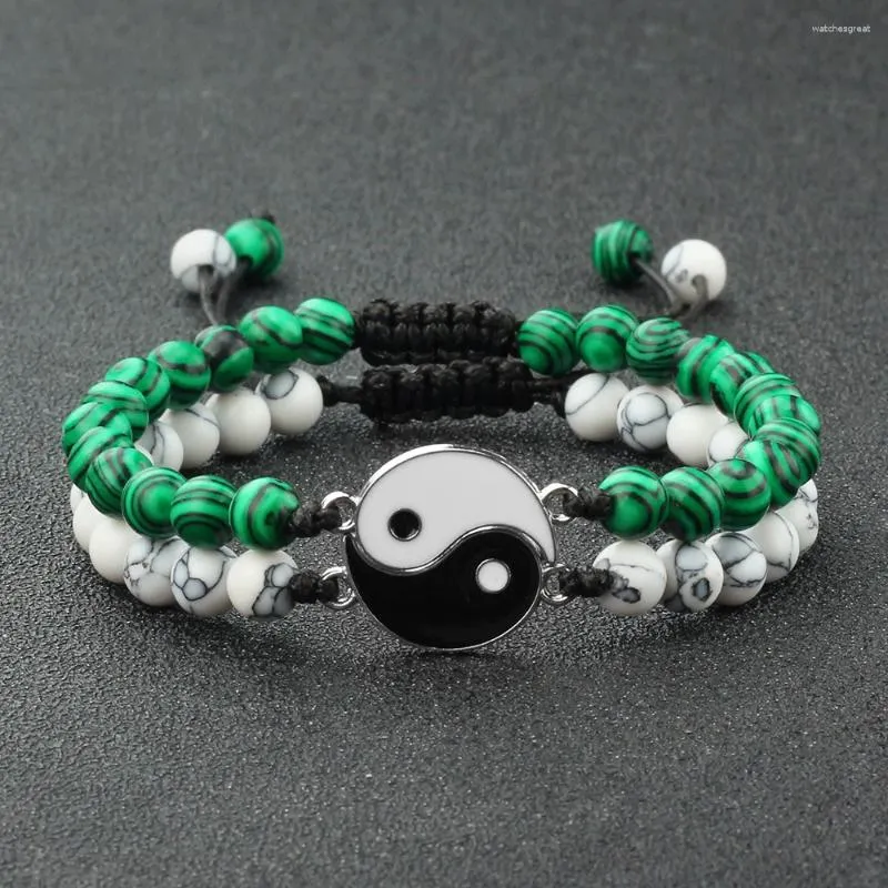 Strand 2Pcs/set 6mm Yin Yang Tai Chi Natural Stone Charm Bracelets For Couple Friendship Beaded Fashion Bangles Women Men Gifts Jewelry