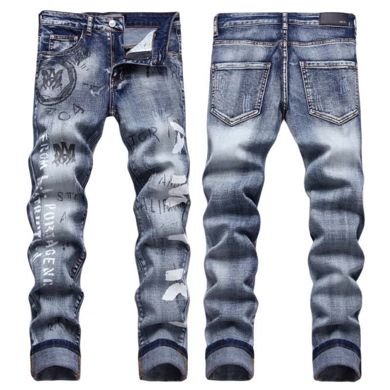 Männer Jeans Brief Stern AM winziger Fleck Männer Stickerei Patchwork Ripped Sexy Romantische Wilde Motorrad Hose Herren AM3380-00 Größe 29-38