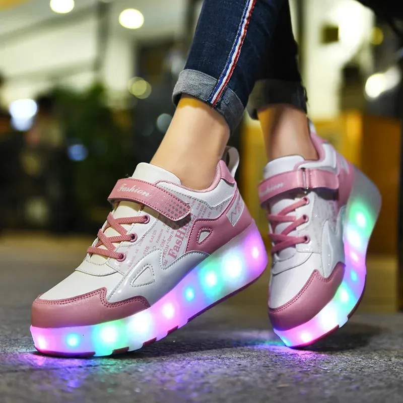 Patins em linha crianças sapatos led luz piscando 2 rodas patinação tênis voando sapato recarga multi respirável menino menina y231016