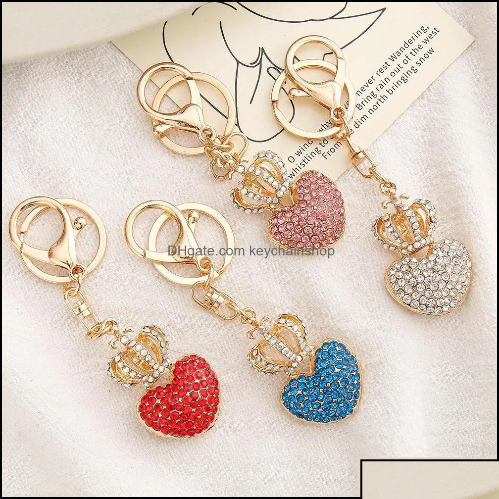 Keychains Lanyards Keychains Fashion Accessories 4 Colors Diamond Love for Women Heart Crown Keychain Creative Peach Bag Pendant DHV DHWTG