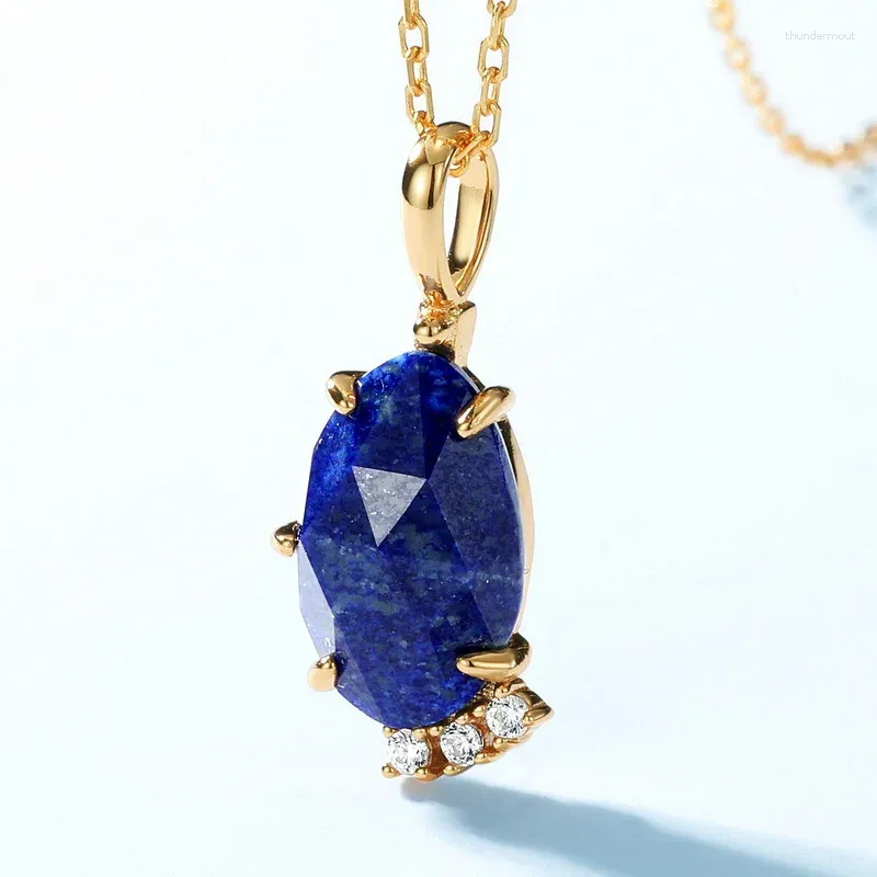 Hängen Natural Lapis Lazuli Halsband S925 Sterling Silver 10K Gold Plated White Zircon Lazurite Facettered Gemstone Pendant Women