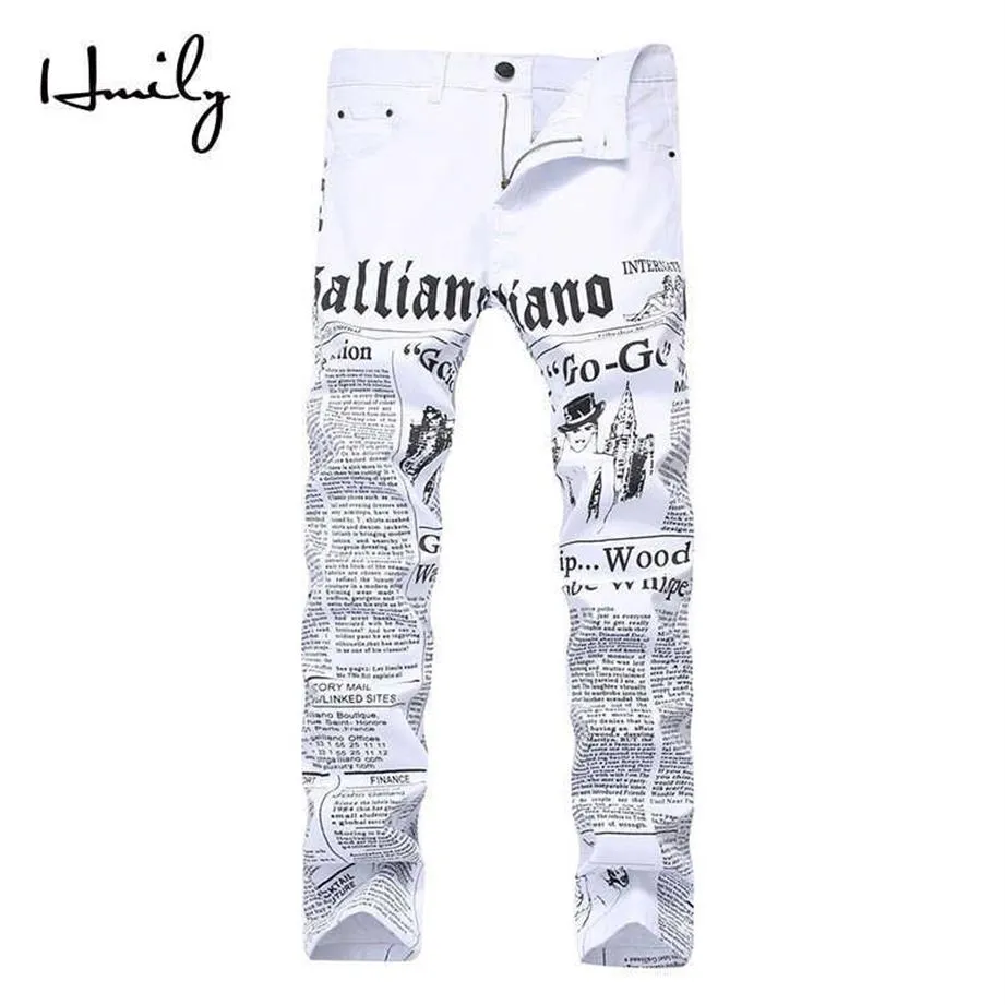 HMILY High Street Fashion Mens Jeans Night Club White Color Personal Designer Printed Jeans Men Punk Pants Skinny Hip Hop Jeans X0280j