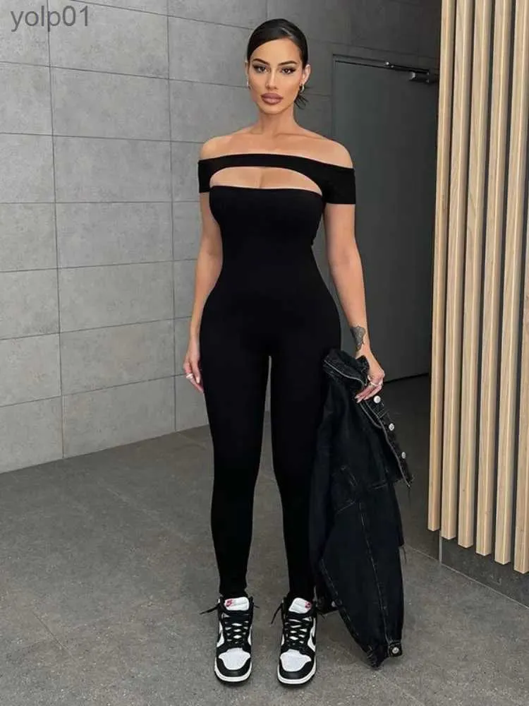 Dames Jumpsuits Rompertjes Zwart Hip Lift Jumpsuit Slim Hollow Out Enterizos Para jer Slash Neck Casual bodysuit Korte mouw Sexy kleding Dames SummerL231017