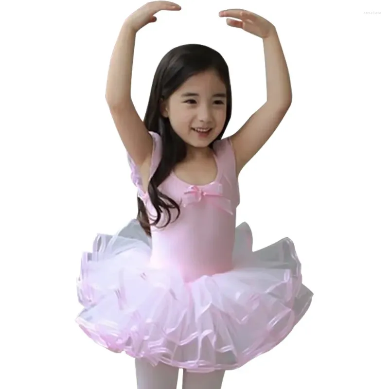 Bühnenkleidung Langarm Kinder Gymnastik Trikot für Mädchen Spitze Bogenknoten Ballett Tutu Tanzkleid Rosa Kostüme Kinder