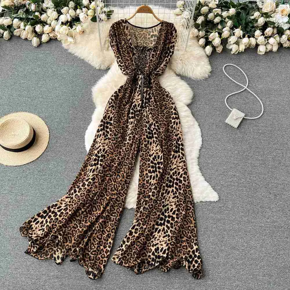 Kadın Tulumları Yük atanlar Yaz Leopar Baskı Kolsuz Tulum Kadınlar Rahat Gevşek Salıncaklar ve Playsuits Geniş Bacak Pantolon Tulum Fe Outfitl231017