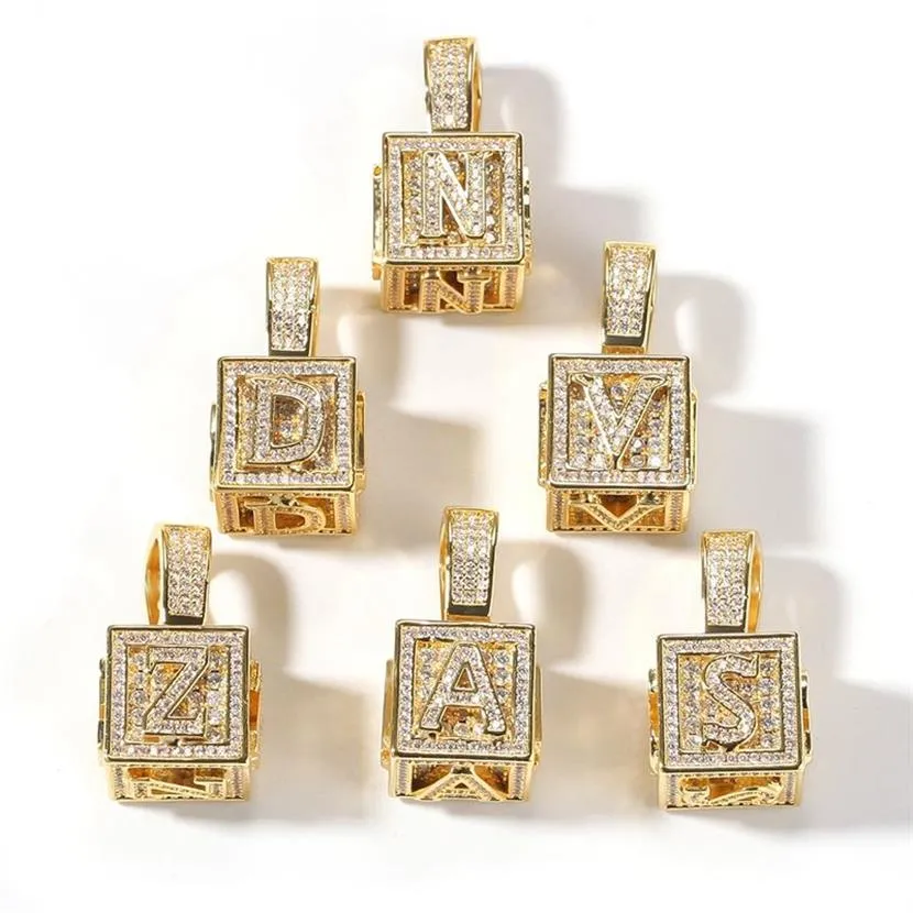 Bijoux Hip Hop pour hommes, collier avec lettre initiale glacée, pendentif en or et argent, Cube dés, colliers hip hop 2805