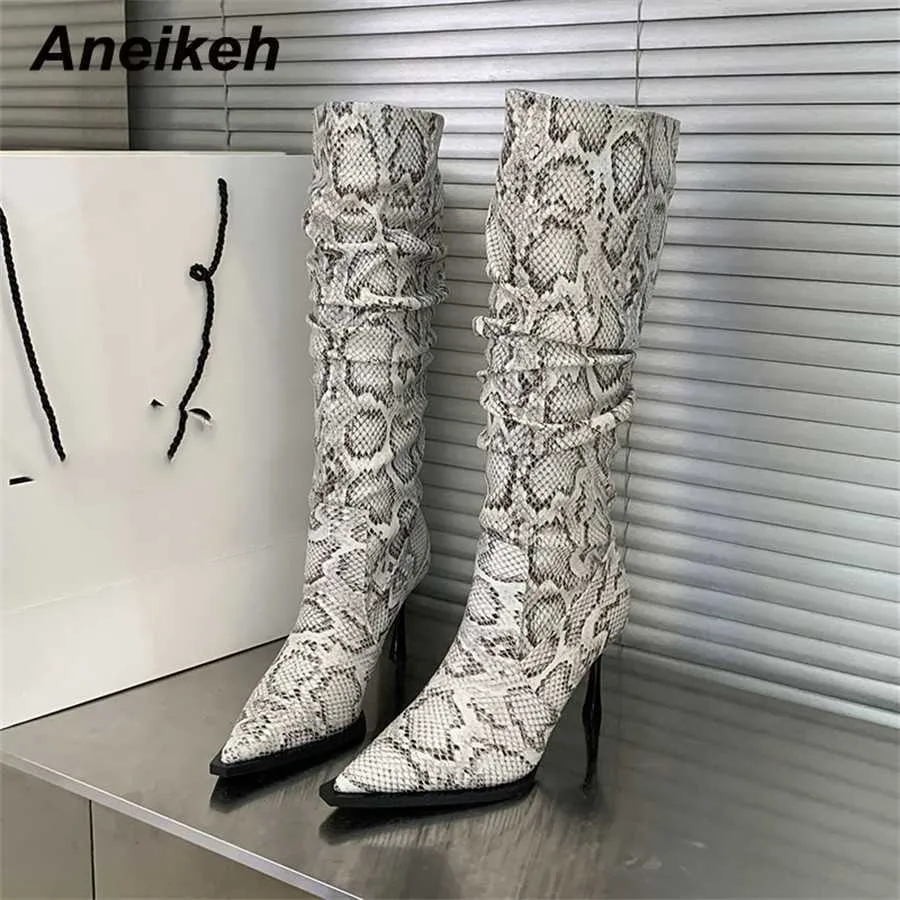 Femmes printemps automne motif peau de serpent plissé genou bottes hautes mode Sexy pointu talons fins Chelsea 230922