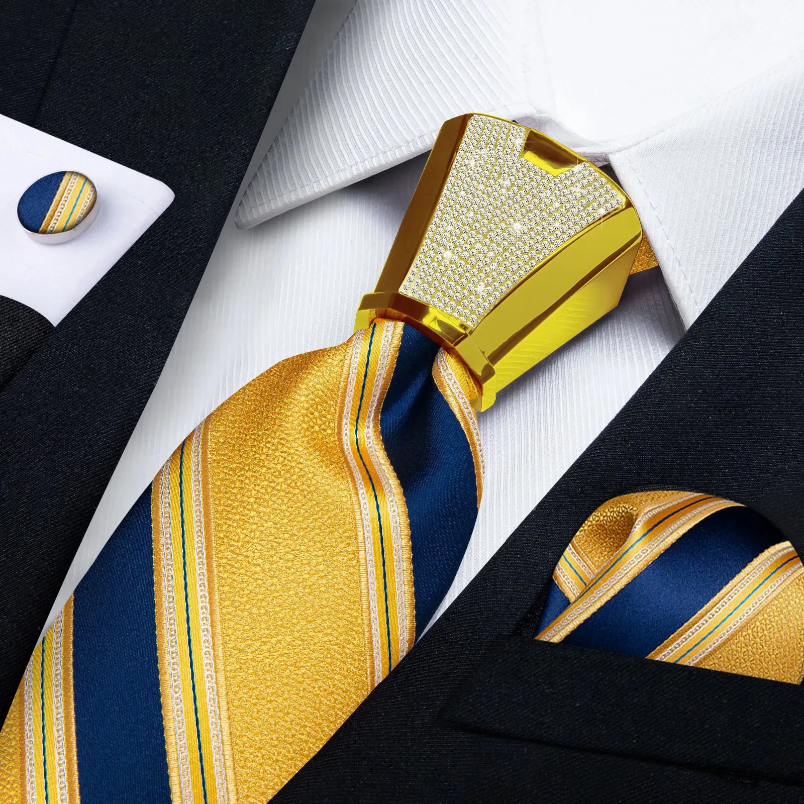 Corbatas de cuello Corbatas a rayas azules y doradas de lujo para hombres Accesorios de boda Gemelos de corbata para hombres Cuadrado de bolsillo Moda Hebilla de corbata plateada Regalo para hombres 231013