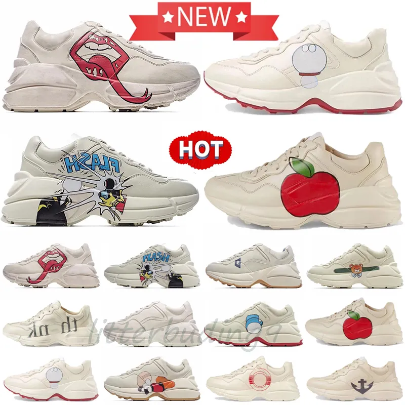 Luxury Casual Shoes Designer Rhyton Sneaker Men Women Shoe Beige Brick Red Mouth Starwberry Trainer White Woman Platform Trainers