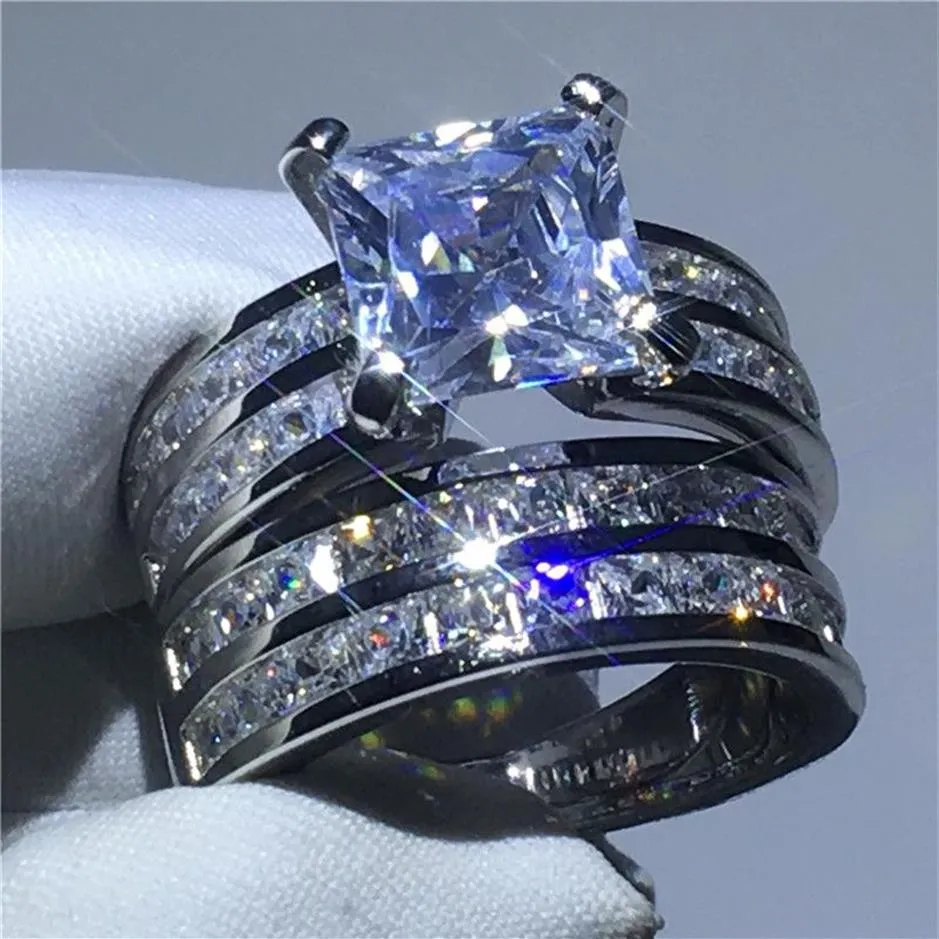 Conjuntos de anel de noiva de luxo 925 prata esterlina princesa corte 3ct diamante cz noivado anel de banda de casamento para mulheres dedo jóias317a