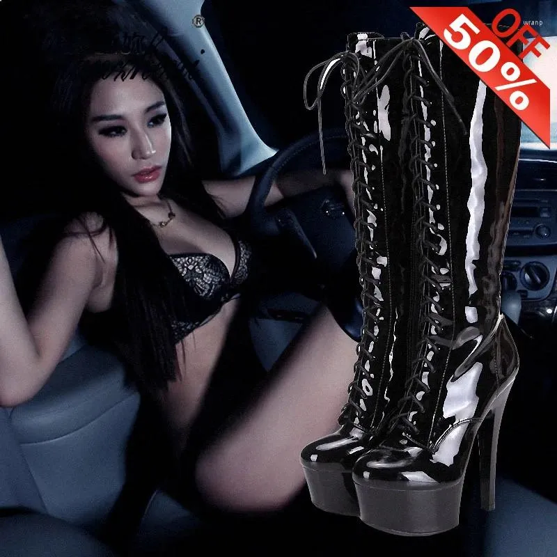 Stivali Moto Moda Grandi Dimensioni Tacco Alto 6 Pollici Tacchi Sottili Piattaforma 15 Cm Coscia Pole Dance Nero